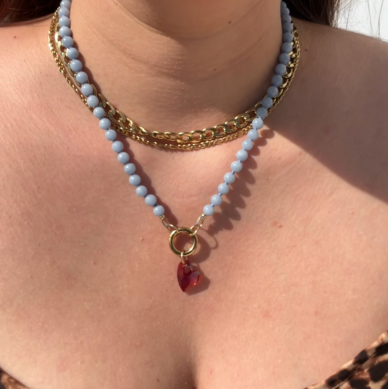 Angelit Edelsteinkette mit Swarovski Herz