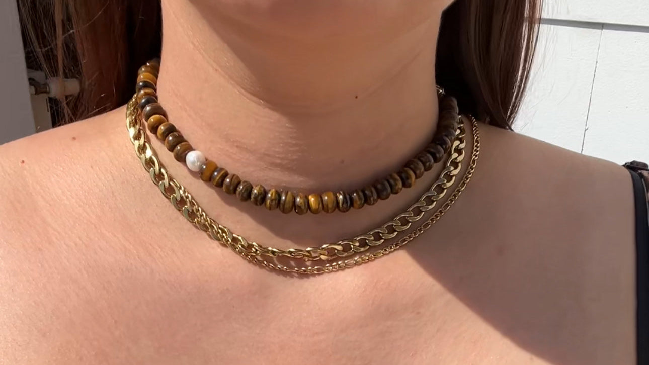 Tigerauge Edelsteinkette mit Süßwasserperle
