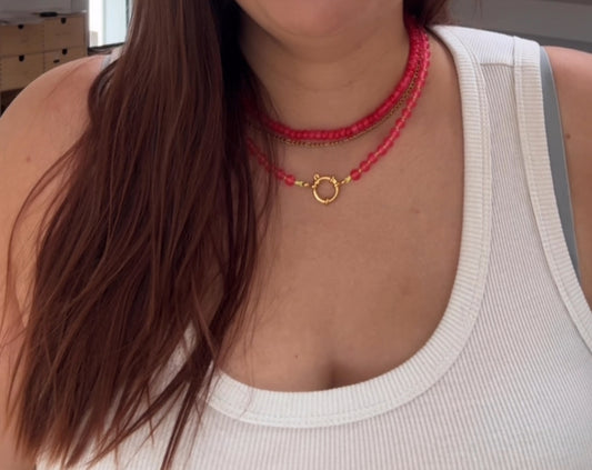 Hot Pink Jade Edelsteinkette mit neongelbem Faden